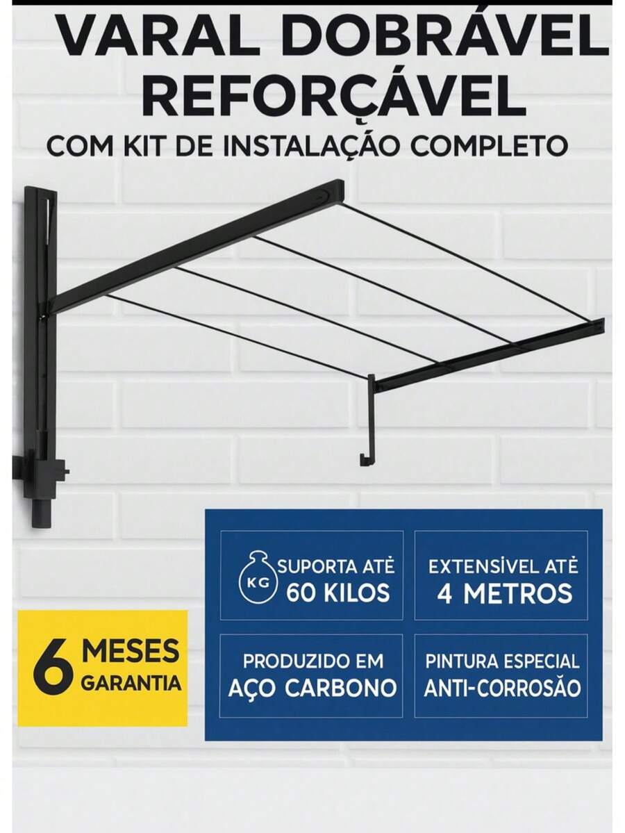 Retractable Folding Wall-Mounted Steel Clothesline, Covered Steel Cable - IMMEDIATE SHIPPING - 黑色 - 查看 1
