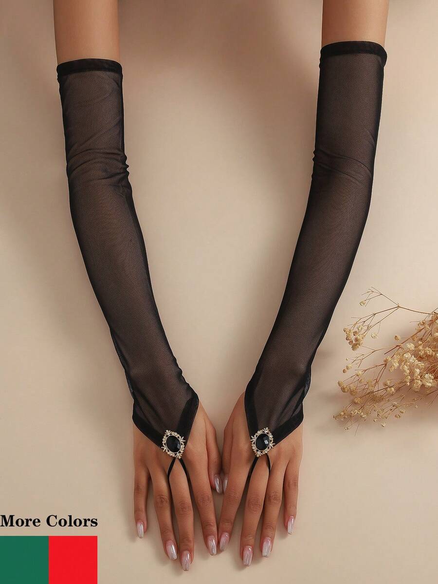 1 Pair Solid Color Long Sheer Breathable Elegant Fingerless Rhinestone Mesh Gloves - Black - View 1