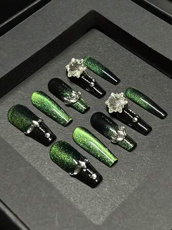 1 paket/10 st - Svartgröna Ombre Cat Eye-naglar med jättelika kristalldekorationer - Gotisk lyx - Handgjord nagelkonst