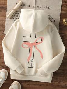 1件少女休闲印花套头卫衣，保暖内衬，长袖，秋冬季学生服装 - 杏色 - 查看 4