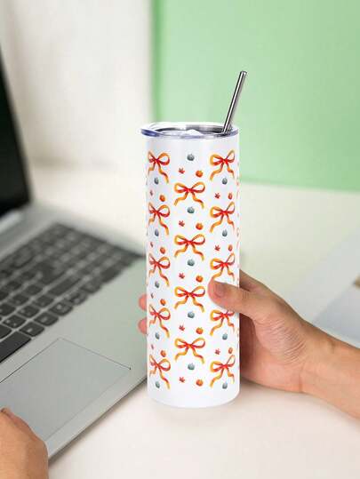 1PC 20oz Stainless Steel Bow, Pumpkin, Maple Leaf Pattern Insulated Cup, Suitable For Tight Fitting Straight Tube Design Of Hot And Cold Drinks, Suitable For Travel, Sports, And Daily Use, Halloween And Thanksgiving Holiday Gifts
