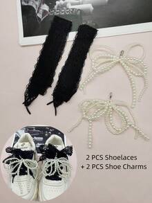 4pcs/6pcs Black & White Lace Shoelaces Decor, Y2K Style Faux Pearl Bow Flower Shoe Charms, Silver Resin Shoelace Clips DIY Accessories For Women's Sneakers, Boots, Suitable For Christmas, Halloween, Valentine's Day, Birthday, Holiday Party (Shoes Not Included) - Multicolor - View 17