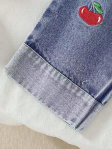 2pcs/Set Young Girls Casual Cherry Print Crew Neck Sweatshirt And Matching Cherry Print Denim Pants Set, Autumn/Winter - Apricot - View 7