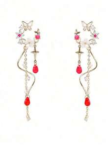 1 Pair Elegant Butterfly Tasseled Long Earrings, Versatile For Everyday Wear - Red 2 - 查看 5