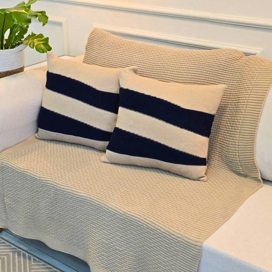 Sofa Armchair Knitting Blanket Kit 150x100cm Siena Decorative Living Room + 2 Cushion Covers 45X45cm - 卡其色和海軍藍 - 查看 1