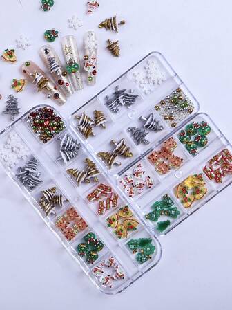 Boxed Ice-Clear Christmas Nails Art Accessories Elk Santa Claus Christmas Tree Snowflake Red Nails Green Nails White Nail Decoration Accessories