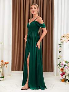 UNITHORSE Off-The-Shoulder V-Neck Pleated Split Hem Dress - Dark Green - View 3