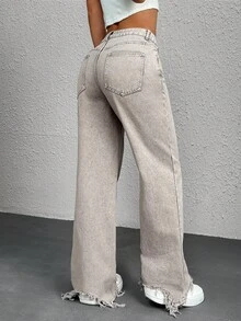 Jeans rectos y sueltos de uso diario con efecto desgastado en los bordes del cabello, de estilo vintage y casual para mujer