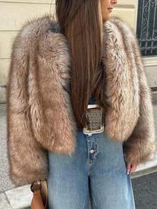 女式圆领宽松短款仿皮草时尚休闲夹克 - 卡其色 - 查看 3