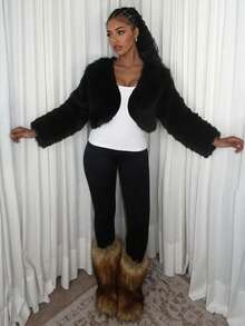 女士高级黑色人造毛皮短款修身长袖外套，低调奢华美学，适合假日、晚宴、正式场合 - 黑色 - 查看 7