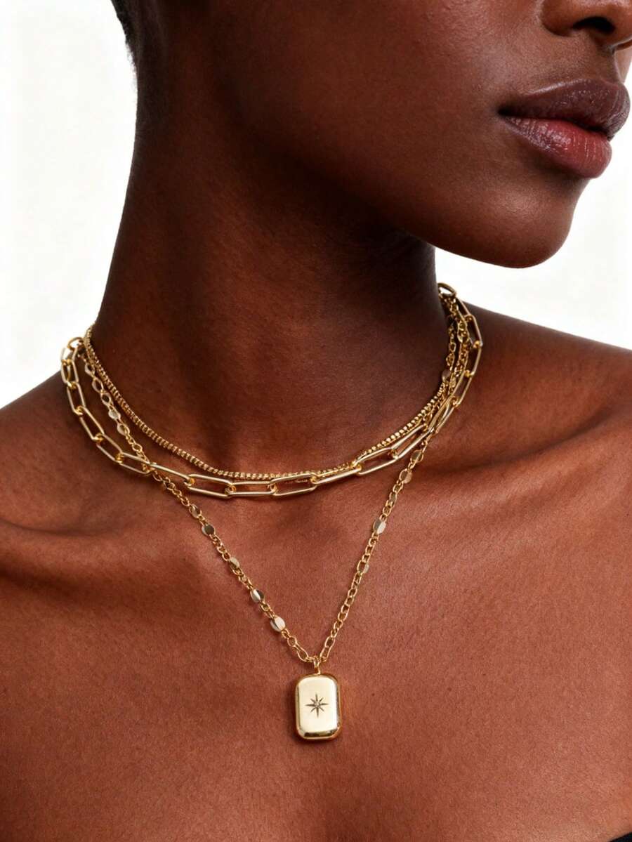 1 pieza Collar con colgante geométrico multicapa de circonita cúbica de moda, regalo de joyería personalizado para mujeres, adecuado para uso diario y aniversarios