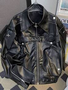 Men's High Street American Deconstructed Leather Jacket Men's Spring Motorcycle Jacket Loose Fashion Brand Handsome Short Coat - 黑色 - 查看 3