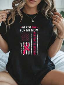 100% Algodón Unisex Yo uso rosa para mi mamá Concientización sobre el cáncer de mama Camiseta de bandera americana, camiseta de manga corta estampada de otoño e invierno - Negro - Ver 6