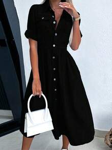 Women's Denim Shirt Dress V-Neck Short Sleeved Waist A-Line Jeans With Pockets Dress - 黑色 - 查看 3