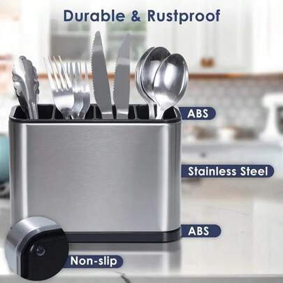 Rust-Resistant Durable Kitchen Organizer: Modern Utensil Holder with Drainage, Multi-Compartment Design for Easy Access – Stainless Steel Construction, Stable and Non-Slip Base, Built-In Drainer Keeps Cutlery Dry