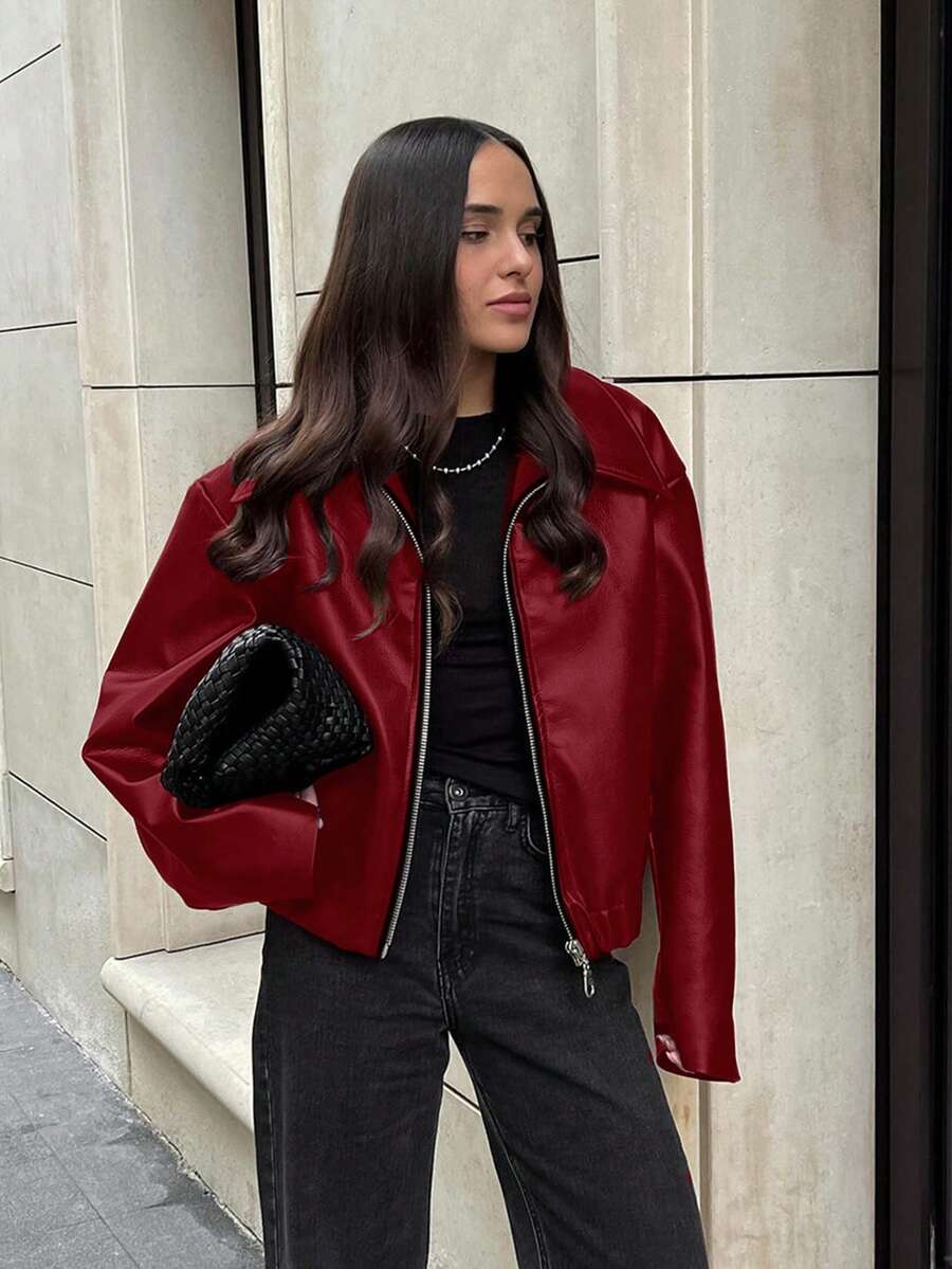 Vintage Casual Motorcycle Style Leather Jacket For Women, Thin Lightweight Matte Finish, Fashionable Zipper Closure, Spring - Red - View 1
