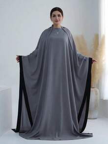 1pc New Elegant Nida Patchwork Trim Black Abaya Hijab, Loose Comfortable Conservative Tie-Up Convenient Headscarf, Suitable For Women's Daily Wear And Prayer - Multicolor - View 13