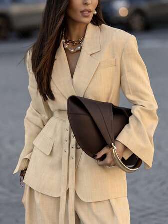 时尚新款欧美女士纯色套装，翻领、腰带装饰，开襟外套搭配宽松阔腿裤，两件套，通勤时尚优雅。