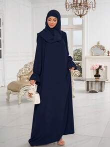1pc New Soft Floral Sleeve Muslim Dress Without Hijab, Elegant Pleated Collar Design, Classic Versatile Abaya, Suitable For All Seasons