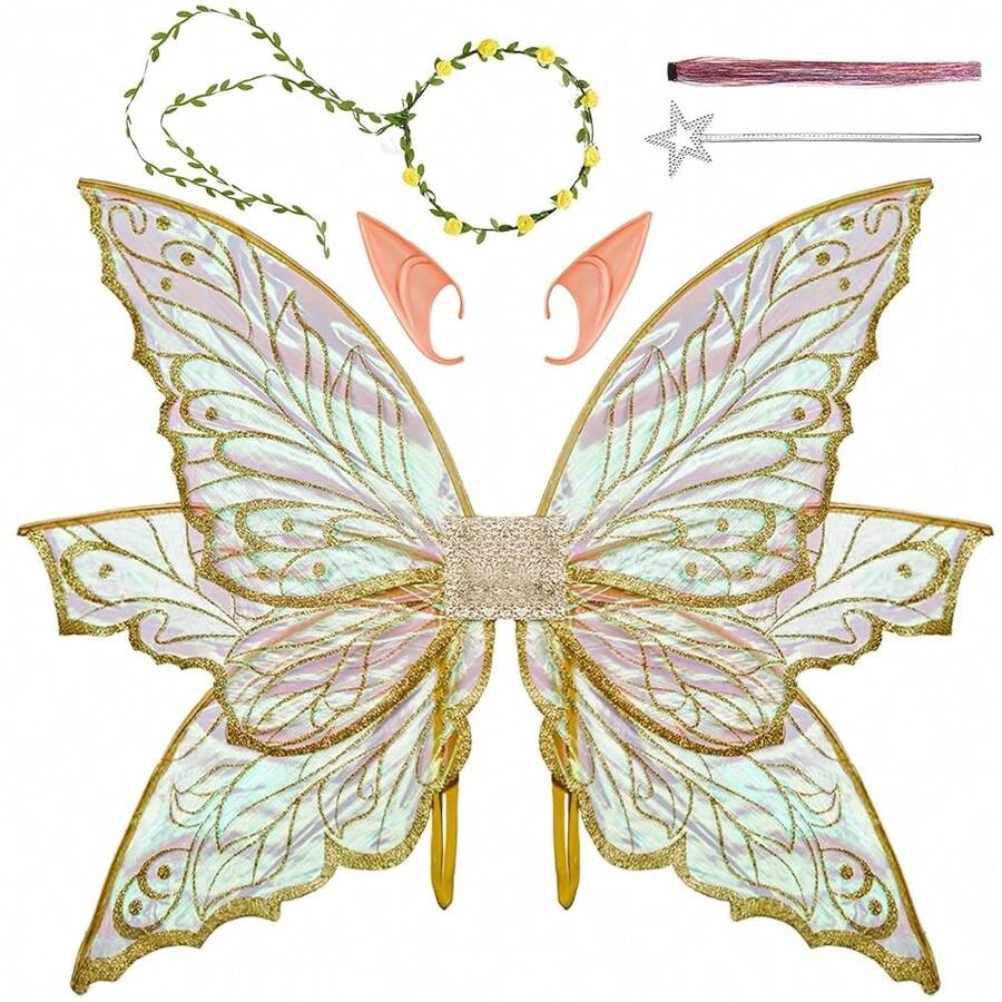 Large Fairy Wings Adult Women, 33"X25" Iridescent Glitter Butterfly Wings, Fairy Costume Set For Halloween Dress Up Party{"Color_name":"Gold"} - 金色 - 查看 1
