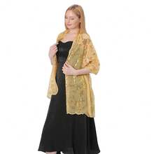 Shawls And Wraps For Evening Dresses,Women Formal 1920s Sequin Flower Sheer Shawls And Wraps For Wedding-{"Color_name":"Gold"} - 金色 - 查看 7