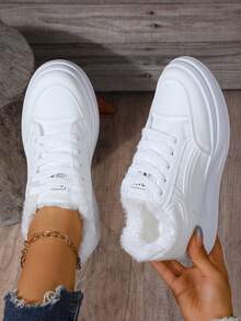 Sneaker bianche da donna, con fodera termica, suola spessa, versatili, leggere, adatte per camminare, andare a scuola, attività all'aperto, multifunzionali. Per piedi larghi, si consiglia di ordinare una taglia in più. - Bianco - Visualizzare 1