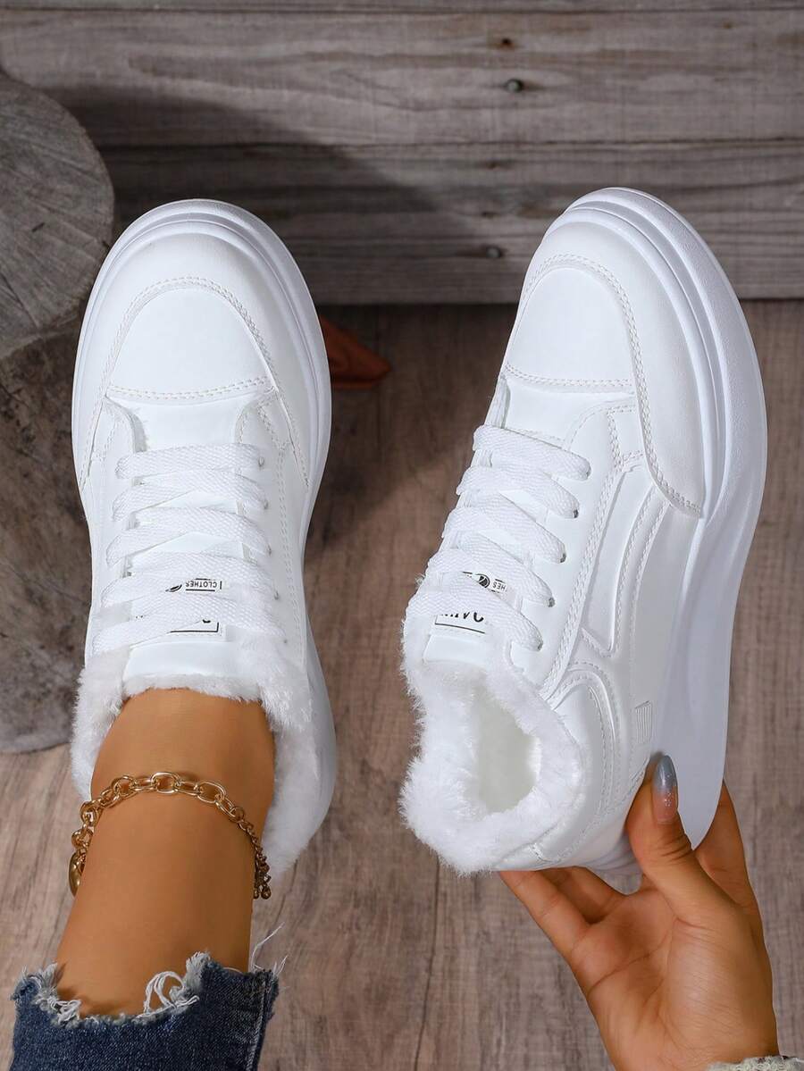 Sneaker bianche da donna, con fodera termica, suola spessa, versatili, leggere, adatte per camminare, andare a scuola, attività all'aperto, multifunzionali. Per piedi larghi, si consiglia di ordinare una taglia in più. - Bianco - Visualizzare 1