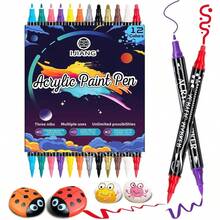 12 Colors Acrylic Paint Markers Pens, Permanent Dual Tip Acrylic Paint Pens SetFine+Round+BrushDiverse Nib Rock Painting, Fabric, Stone, Wood, Glass, Canvas, Ceramic, Making Arts And Crafts - Initial - View 1