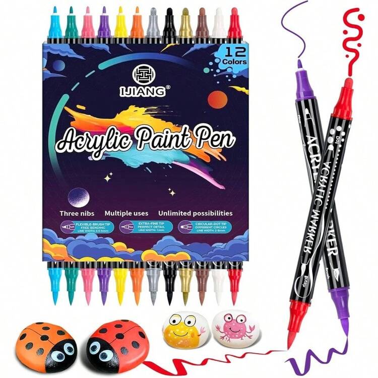 12 Colors Acrylic Paint Markers Pens, Permanent Dual Tip Acrylic Paint Pens SetFine+Round+BrushDiverse Nib Rock Painting, Fabric, Stone, Wood, Glass, Canvas, Ceramic, Making Arts And Crafts - ban đầu - Xem 1