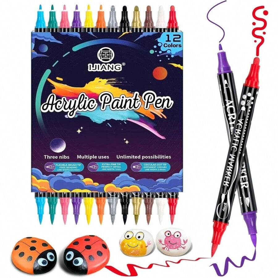 12 Colors Acrylic Paint Markers Pens, Permanent Dual Tip Acrylic Paint Pens SetFine+Round+BrushDiverse Nib Rock Painting, Fabric, Stone, Wood, Glass, Canvas, Ceramic, Making Arts And Crafts - Initial - View 1