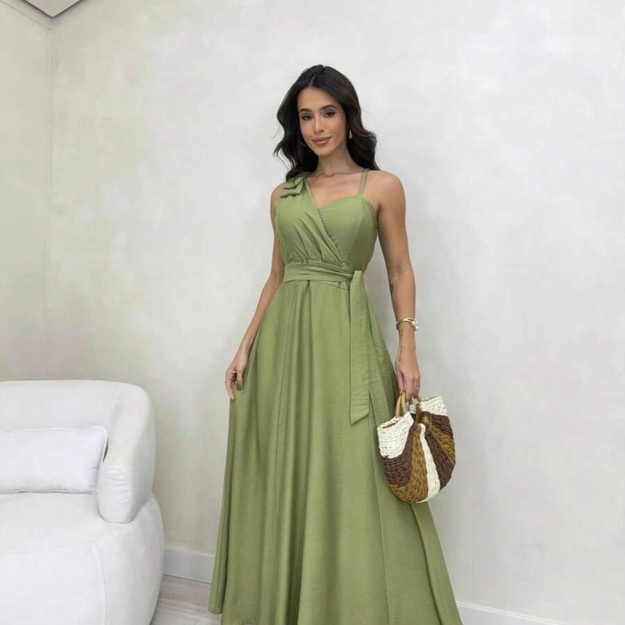 Women's Long Dress With Straps, Elegant Bow, Chic Party, Wedding, Graduation, Evangelical Fashion, Bojo - 青檸色 - 查看 1