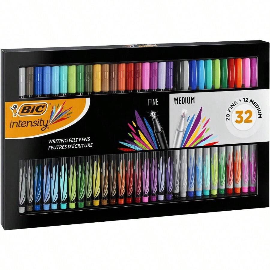 Intensity Writing Felt Tip Fineliner Pen Set Fine And Medium Points Set Of 32 Assorted Colours Gift Set Adult Colouring Bullet Journal Art Supplies - As Pic - View 1