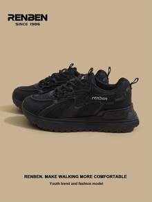 RENBEN 2 pares de zapatillas casuales con cordones negras y suela gruesa para mujer, de unicolor, con diseño de moda y versátil, nuevos lanzamientos para primavera/otoño 2025