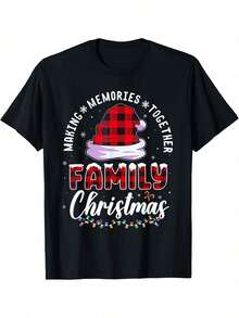 [Ajuste Cómodo] Camiseta Familiar de Navidad a Juego - Cuello Redondo Casual, 100% Algodón, Estampado Festivo de Gorro de Santa y Luces Coloridas, Perfecta para Actividades Familiares en las Vacaciones - Negro - Ver 3