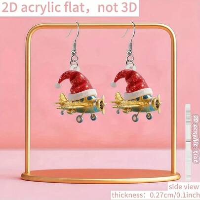 زوج من أقراط الكرتون الجميلة بشكل قبعة عيد الميلاد وطائرة الأبعاد من الأكريليك، مناسبة للنساء لارتدائها خلال عيد الميلاد، هدية عيد الميلاد المثالية