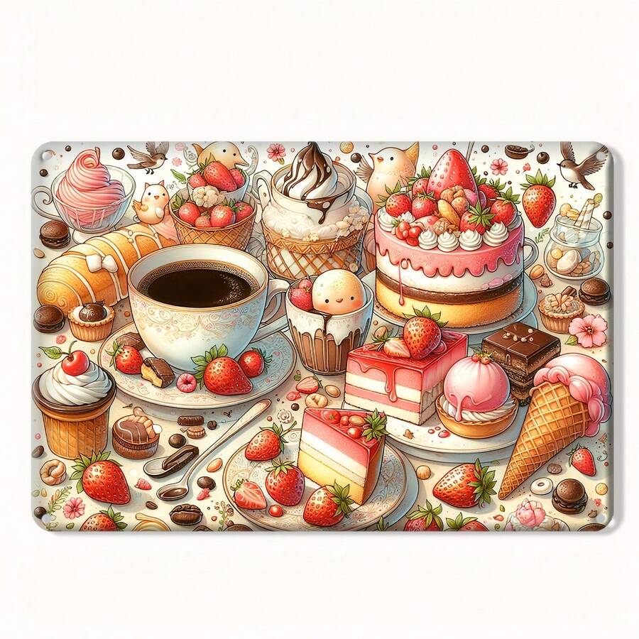 2D Flat, Vintage Dessert Cafe Tin Sign - Retro Pastel Colors (Pink, Blue, Golden, Brown) - Cake, Ice, Macarons, Tarts - Decor For Home, Bakery, Cafe - 8x12 Inch (20x30cm) - / Wedding/ Anniversary Gift For & - Nostalgic French Patisserie Poster - 1pc - 查看 1