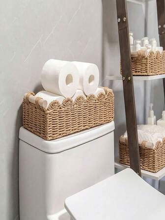 1pc Woven Storage Basket, Fan-Shaped Edge Design, Handheld Basket For Toilet Tank Top Shelf, Bathroom, Living Room, Bedroom, Vanity, Desktop Organization & Storage, Home Decor, Bathroom Accessories, Halloween Gift Basket, Christmas & Holiday Decor,
