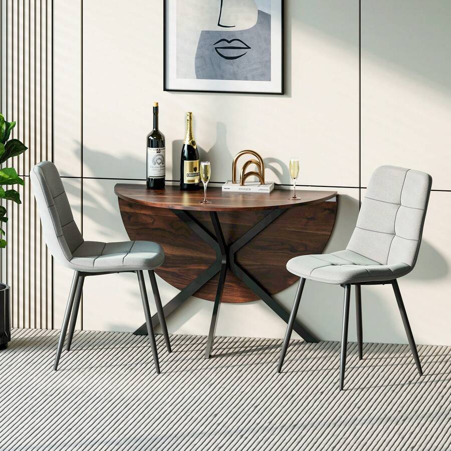 Jooli H Folding Dining Table And Chairs Set Of 2, Easy Clean Round Dining Table With Padded Chairs Durable Dining Furniture Set Suitable For Dining Room And Kitchen, Wood Grain Table With Linen Grey Chairs