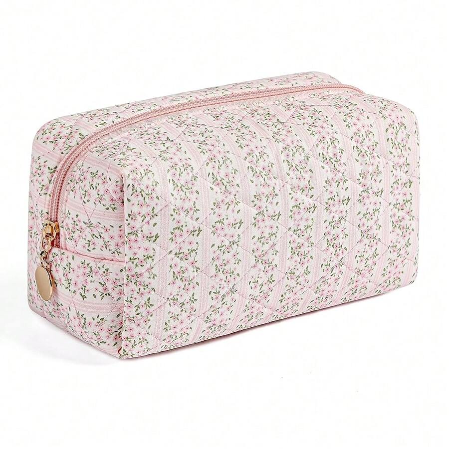 Makeup Bag Travel Cosmetic Bag For Women Girls, Zipper Make Up Pouch, Floral Flowers Toiletry Organizer Makeup, Portable Storage Cosmetic Travel Cloth Bag (Pink){"Color_name":"A1Pink"} - A1Pink - 查看 1