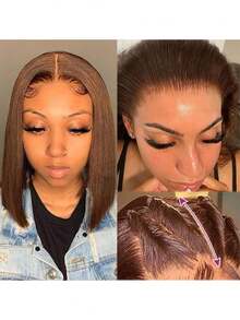4号棕色波波头假发,蕾丝前额,真人发混纺,直发透明棕色波波头假发,即戴即走,无需胶水,预先拔毛,女士短款波波头假发,6-16英寸(混纺假发 - 真人发和合成纤维混合)真人发混纺假发/女士真人发混纺假发/真人发混纺蕾丝前额假发/无需胶水假发/漂白发结/预先拔毛/蕾丝假发/化妆舞会/万圣节 - S4 - 查看 7
