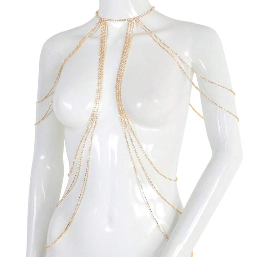 1pc Fashionable Rhinestone Tassel Bra Chain, Sexy Sparkling Crystal Body Jewelry Accessory For Women - Style 2 Silver - View 1