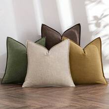 Neutral Linen Pillow Covers Pack Of 4 Decorative Natural Solid Throw Pillow Covers Soft Accent Boho Farmhouse Couch Pillowcases Modern Home Decors Living Room Bed Sofa 18x18 Inch - 24 英吋 x 24 英吋(4 件裝)+ 中性綠/棕色 - 查看 1