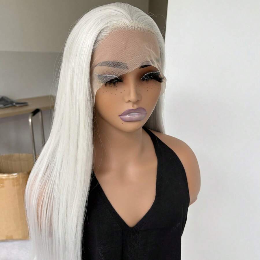 Silver Synthetic Hair Heat Resistant Soft 13X4 Inch Large Area Lace Frontal Wigs Long Straight Party Layered - Silver - View 1