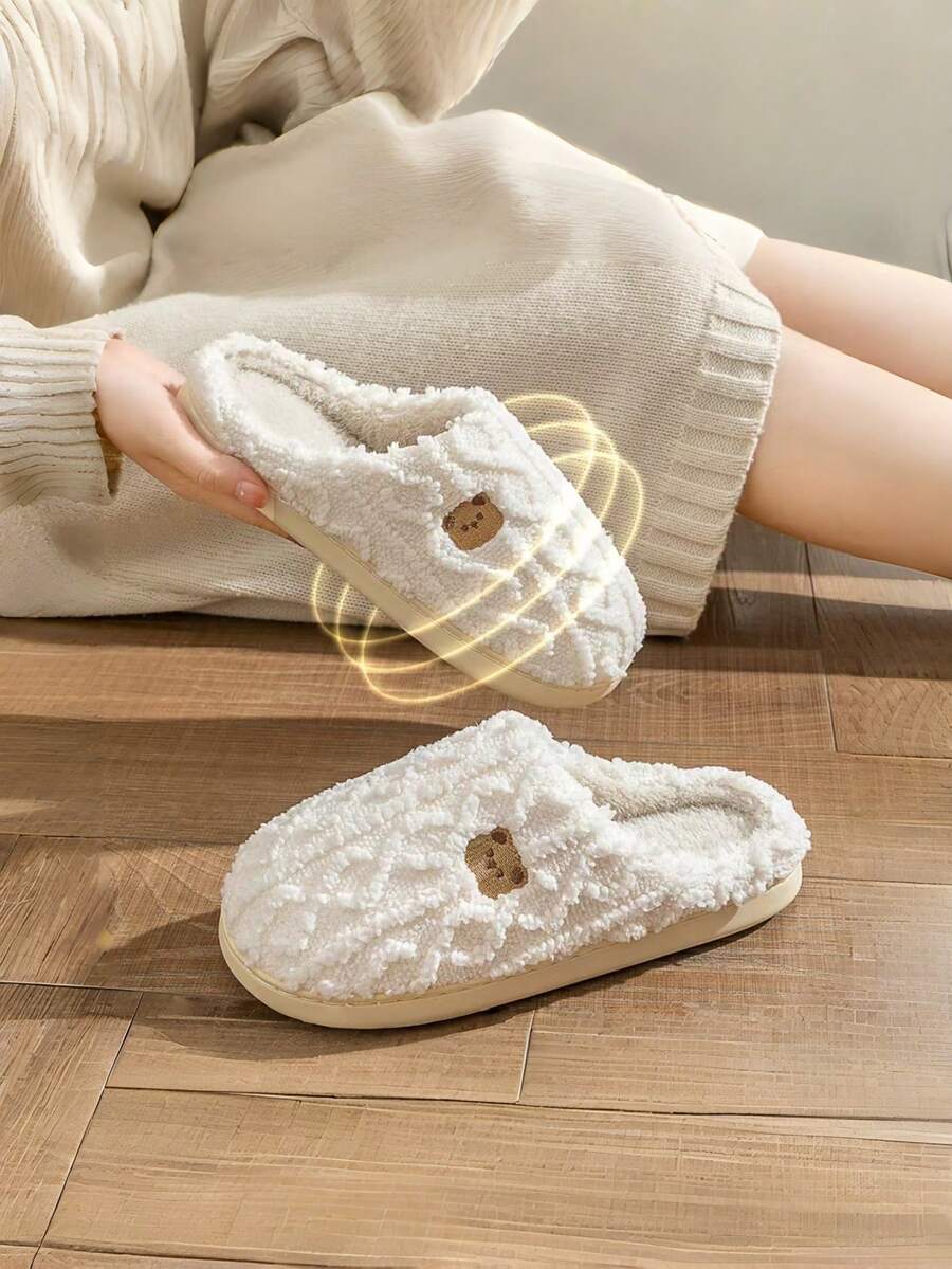 Pantuflas de peluche de osito de peluche, pantuflas de interior cálidas para niños y niñas, suaves, con textura antideslizante, cómodas y esponjosas, de estilo minimalista - Blanco - Ver 1