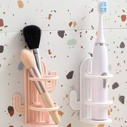 1 Toothbrush Holder, Wall-Mounted Makeup Brush Comb Storage Rack, Bathroom Hanging Toothbrush Holder Without Drilling Holes, Cute Cactus-Shaped Toothbrush Holder, Bathroom Accessories