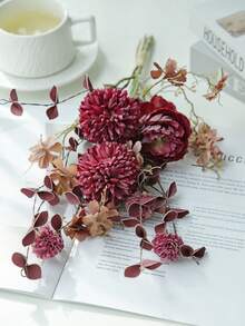 1 Bouquet 41cm Peony Artificial Globe Chrysanthemum Flowers Silk Daisy Fake Hydrangea For Vase Home Living Room Wedding Table Decoration Centerpieces Romantic Theme,Fake Plants,Fall Decor,Room,Desk,Garden Decor,Room Decoration Stuff - Burgundy - View 6