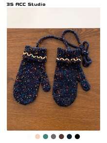 1双彩色圆点棕色针织手套，时尚纯色针织露指手套，适合女士，秋冬保暖百搭，适合学生，复古风格，加厚防风，适合骑行