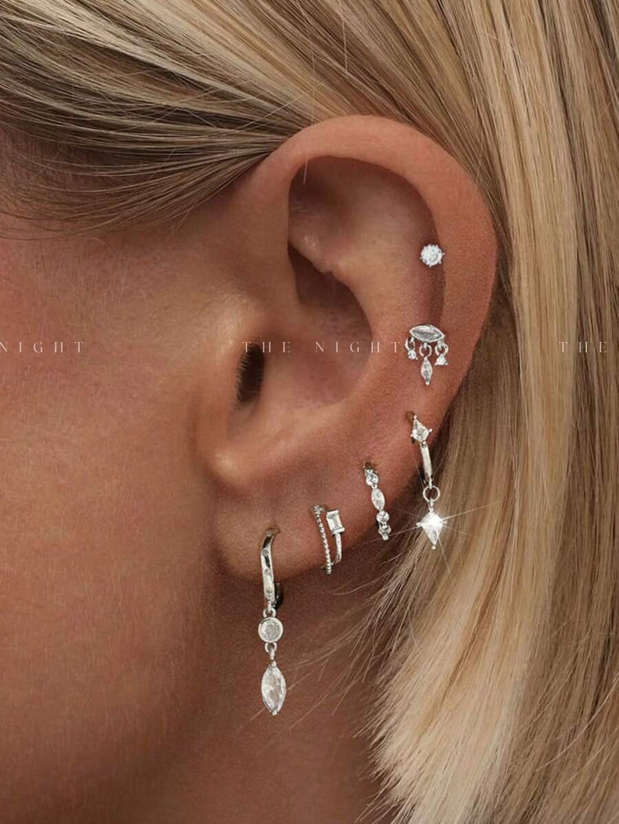 1 Bộ 6 khuyên tai Zirconia lấp lánh, đinh tán & kẹp, Bộ trang sức thời trang & thanh lịch dành cho nữ, Thích hợp cho tiệc tùng, ngày lễ, hẹn hò hoặc đám cưới - Bạc - Xem 1