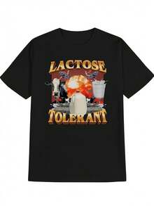 Camiseta gráfica divertida de hombre "Tolerante a la lactosa" - Camiseta negra humorística de amante de los lácteos con letras en negrita y diseño de caja de leche, cuello redondo casual para verano, para fiestas y atuendo casual, regalo lavable a máquina para hombres - Negro - Ver 3