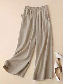 Autumn And Spring, Versatile Commuting And Casual, Gentle Khaki High-Waisted Side-Tie Wide-Leg Pants. Drapey Linen Blended Fabric Nine-Point Pants. Elastic Waist Makes You Look Slimmer And Taller. Pocket Design Is Comfortable And Breathable. Women's Solid Color Versatile Commuting And Casual Daily Wear. Loose, Flesh-Covering, Fashionable And Elegant Plus-Size Women's Pants.